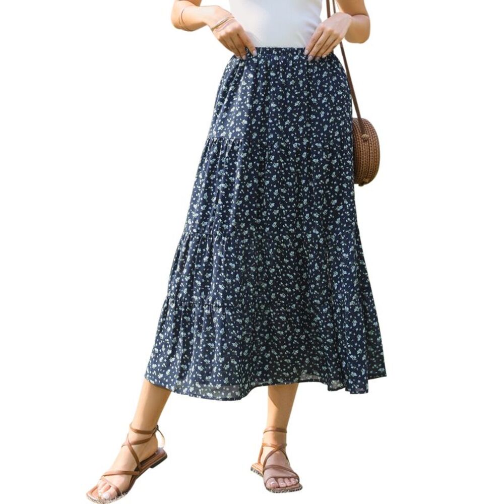Women Boho Elastic High Waist A-Line Skirts Floral Maxi Skirt Dark Blue